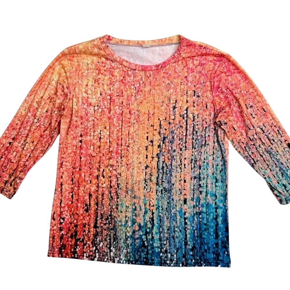 Unbranded Multicolor Abstract Digital Print Long Sleeve Crew Neck Top Large